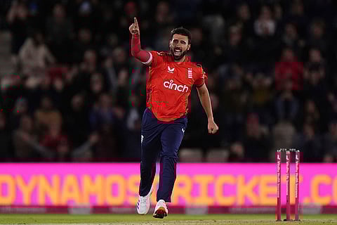 England vs Australia 1st T20I: England's Saqib Mahmood celebrates taking the wicket of Cameron Green